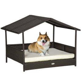 Wicker Dog House with Removable Cushion and Canopy - Cream