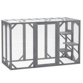 PAWSTER 71" Outdoor Wooden Cat House with 3 Platforms, Large Door and Weatherproof Roof, for Multiple Cats, Grey