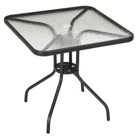Square Patio Table, Tempered Glass Top Bistro Table, Garden Dining Table, Outdoor Accent Coffee Table 76 x 76cm Steel Frame w/ Umbrella Hole