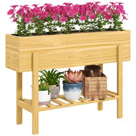 SUNVISTA Wooden Raised Garden Bed, 100x30x71cm Elevated Planter Box with Drainage, Storage Shelf, Natural Wood