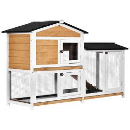2-Tier Rabbit Hutch Wooden Guinea Pig House Pet Cage Outdoor w/ Sliding-out Tray Ramp, 157.4x53x93.5cm, Yellow