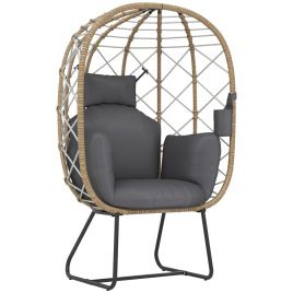 SUNVISTA Rattan Egg Chair Outdoor Indoor Wicker Chair with Thickened Cushion and Headrest, Standing Garden Egg Chair with Cup Holder, Brown