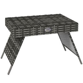 Foldable Outdoor Coffee Table, Metal Frame Rattan Side Table, Coffee Table Side Table for Lawn, Garden, Mixed Grey
