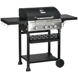 Galvanised Steel 3+1 Gas Burner BBQ Grill Trolley, Black