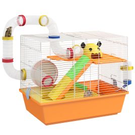 Shelley 3 Tiers Gerbil Cage Hamster Cage with Tubes Exercise Wheel - Orange