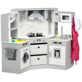 AIYAPLAY Toy Kitchen with Running Water, Lights Sounds, Apron and Chef Hat, Water Dispenser, for 3-6 Years Old - Grey