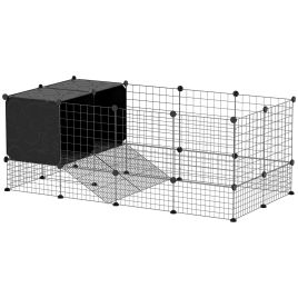 PAWSTER DIY Small Animal Cage with Elevated Huts, C&C Cage for Guinea Pigs, Hedgehogs, Rabbits, 31 Panels, Black