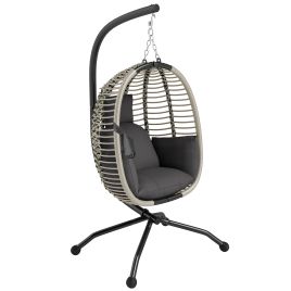 SUNVISTA Outdoor Swing Chair with Thick Padded Cushion, Patio Hanging Chair with Metal Stand, Foldable Basket, Cup Holder, Dark Grey