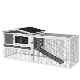 Rabbit Hutch and Run Outdoor Bunny Cage Wooden Guinea Pig Hide House with Sliding Tray, Hay Rack, Ramp, 156 x 58 x 68cm, Grey