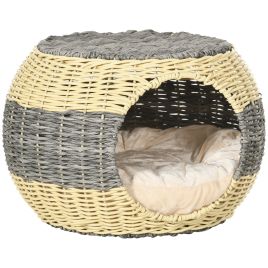 Wicker Cat House, Rattan Raised Cat Bed, Cosy Kitten Cave with Soft Washable Cushion, 40 x 30cm