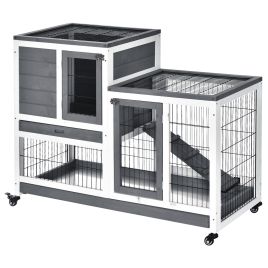 Indoor Wooden Rabbit Hutch Guinea Pigs House Bunny Small Animal Cage W/ Wheels Enclosed Run 110 x 50 x 86 cm