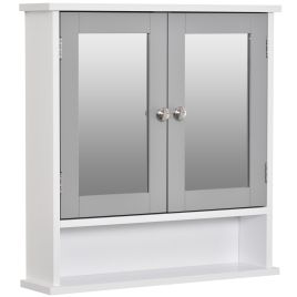 Mirror Cabinet Wall Mounted with Double Mirrored Doors, Hanging Cabinet with Cupboard and Shelf, Bathroom Wall Storage Organizer, Grey