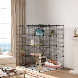 PAWSTER Steel Wire Cat Cage Indoor with Hammock, Ramps, Doors, DIY Cat Enclosure for 1-3 Cats, Black