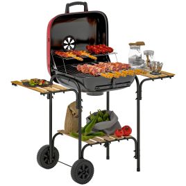 SUNVISTA Portable Charcoal BBQ Grill with 3 Shelves, Lid & Wheels, 1840cm², Red