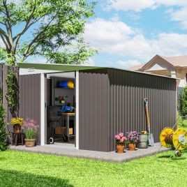 11 x 9 ft Metal Garden Storage Shed Sloped roof Tool House with Double Sliding Doors and 2 Air Vents, Grey