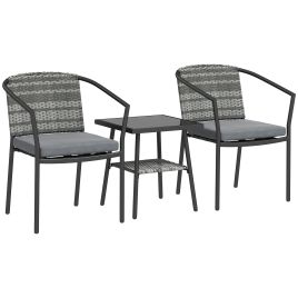 SUNVISTA 3-Piece Rattan Bistro Set with Cushions & Glass Table, Outdoor Patio Furniture Set, Grey