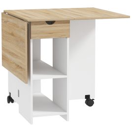 HERON Folding Dining Table, Drop Leaf Table for Small Spaces, Foldable Table with Drawer and Storage Shelves for Kitchen, Dining Room, Oak
