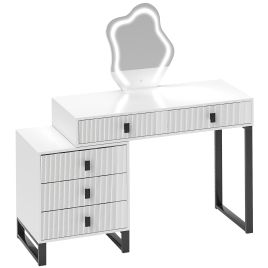 HERON LED Lighted Dressing Table with Leaf Shape Mirror, Modern Vanity Desk with 5 Drawers, Makeup Desk with Fluted Panels, White