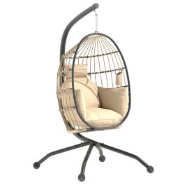 SUNVISTA Hanging Egg Chair Outdoor Indoor Garden Swing Chair with Folding Basket and Thickened Cushion, Khaki