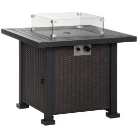 Square Propane Gas Fire Pit Table, 50000 BTU Rattan Smokeless Firepit Patio Heater w/ Glass Screen, Beads and Lid, 82cm x 82cm x 66cm, Black