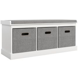 Scott Shoe Storage Bench with Cushion and 3 Fabric Drawers - White
