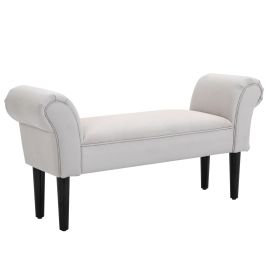 Small Linen Upholstered Ottoman Bench Rolled Arm End Chair, Wood Legs, Grey