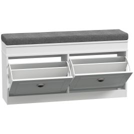Shoe Storage Bench with Seat Cushion Hallway Cabinet Organizer with 2 Drawers Adjustable Shelf for Entryway Living Room Bedroom White