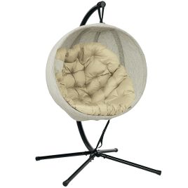 SUNVISTA Hanging Egg Chair Outdoor Indoor Garden Swing Chair with Folding Basket, Garden Hanging Chair with Stand, Thickened Cushion, Khaki