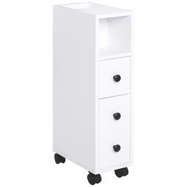 Slimline Bathroom Storage Unit w/ 2 Drawers 2 Open Compartments Wheels Handles Freestanding Compact Home Office Furniture White