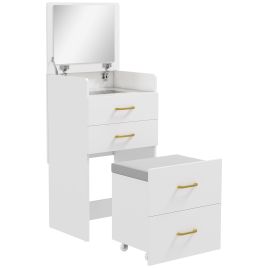 HERON 3 in 1 Dressing Table Flip top Mirror Rolling Stool Vanity Desk - White