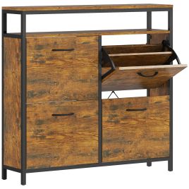 FOOSTRA 4 Drawer Shoe Storage Cabinet Flip Doors Open Shelf - Rustic Brown