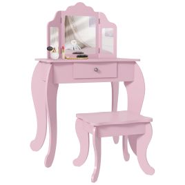 CLENHAM Kids Vanity Table with Tri Folding Mirror and Stool - Pink