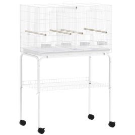 PAWSTER Bird Cage with Divider 4 Wood Perches Slide Out Tray 4 Feeders 76 x 46 x 116cm - White