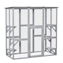 PAWSTER Wooden Catio Cat Outdoor Enclosure Cage Waterproof Roof Platforms - Grey