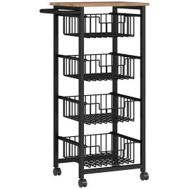 ESHRALLE Mobile Kitchen Island Trolley with 4 Baskets and Brakes - Oak and Black