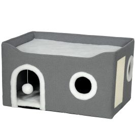 YALRIC Cat Bed Wooden Foldable with Fluffy Ball and Scratch Pad - Grey