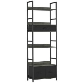 KAVON Bookcase Industrial Style Shelf Unit with Fabric Drawers - Grey