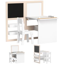 THERRISELLE 3 in 1 Kids Table and Chair Set with Storage, Whiteboard, Blackboard and Roll Paper for 3-8 Years - White