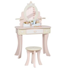 QUELYTHRA Kids Dressing Table with Stool, Mirror, 7 Play Accessories, Drawer and Desktop Strage - Pink