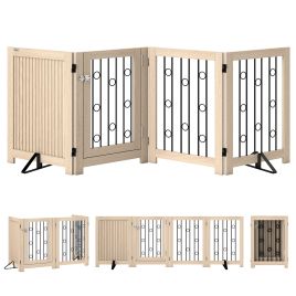 FENQUYRE 4 Panel Freestanding Dod Gate with Lockable Door - Light Oak