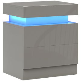 CHATSWORTH High Gloss Bedside Table with LED Light and 2 Drawers - Grey