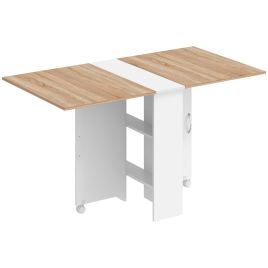 CLAYLEY Folding Drop-Leaf Dining Table with 2-Tier Shelves - White and Natural