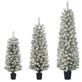 BLAZEFIELD Set of 3 Slim Pre-Lit Snow-Flocked Christmas Trees, 35ft