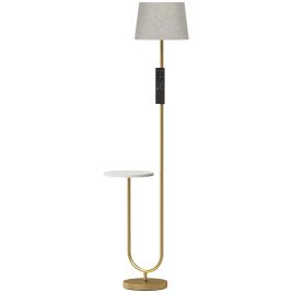 BLOOMDALE Dimmable Floor Lamp with Shelf, Linen Shade and Remote - Gold
