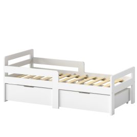 ARDENHILL Kids Single Bed Frame with 2 Storage Drawers and Guard Rails - White