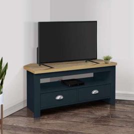 Modern Design Oak Top 2 Drawers Corner Tv Table - Navy Blue