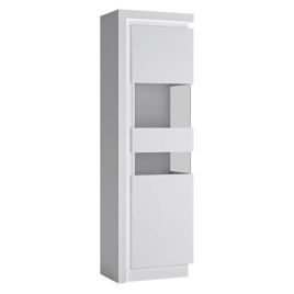 Newry High Gloss Right Hand Tall Narrow Display Cabinet With LED Lights - White