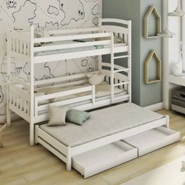 Wooden 2 Drawers Storage Bunk Bed Elana with Trundle and Foam Bonnell Mattress - White