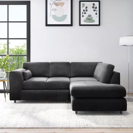 DELANO Plush Velvet 4 Seater L Shaped Fullback Corner Sofa - Black, Right Hand Facing
