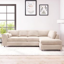 DELANO Plush Velvet Large 5 Seater L Shaped Fullback Corner Sofa - Cream